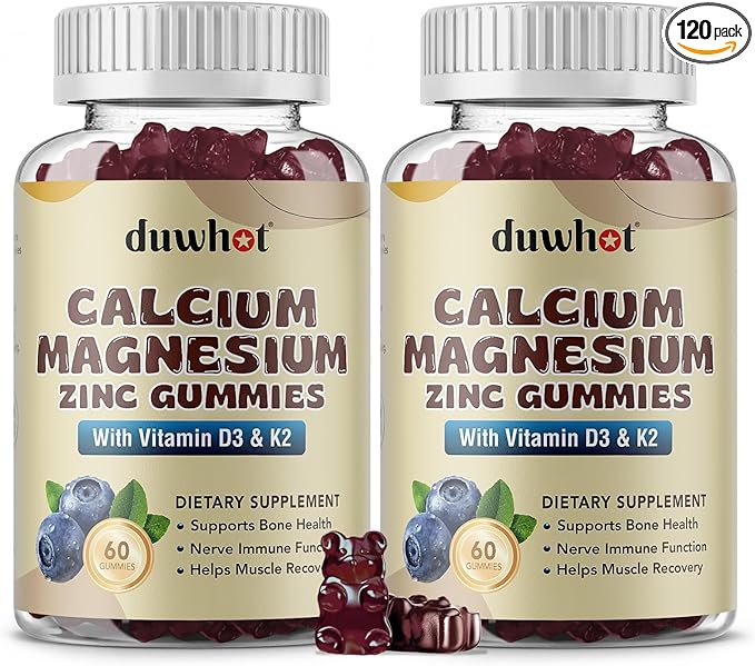 Calcium Magnesium Zinc Gummies for Women, Chewable Calcium Supplement 1000 mg Vitamin D3 & K2, Bone & Nerve Health, Muscle Function, Immune Support & Stress Relief, Blueberry Flavor, 120 Ct