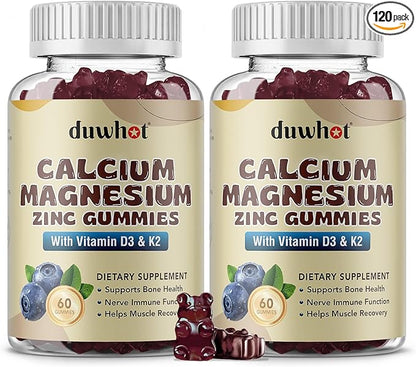 Calcium Magnesium Zinc Gummies for Women, Chewable Calcium Supplement 1000 mg Vitamin D3 & K2, Bone & Nerve Health, Muscle Function, Immune Support & Stress Relief, Blueberry Flavor, 120 Ct
