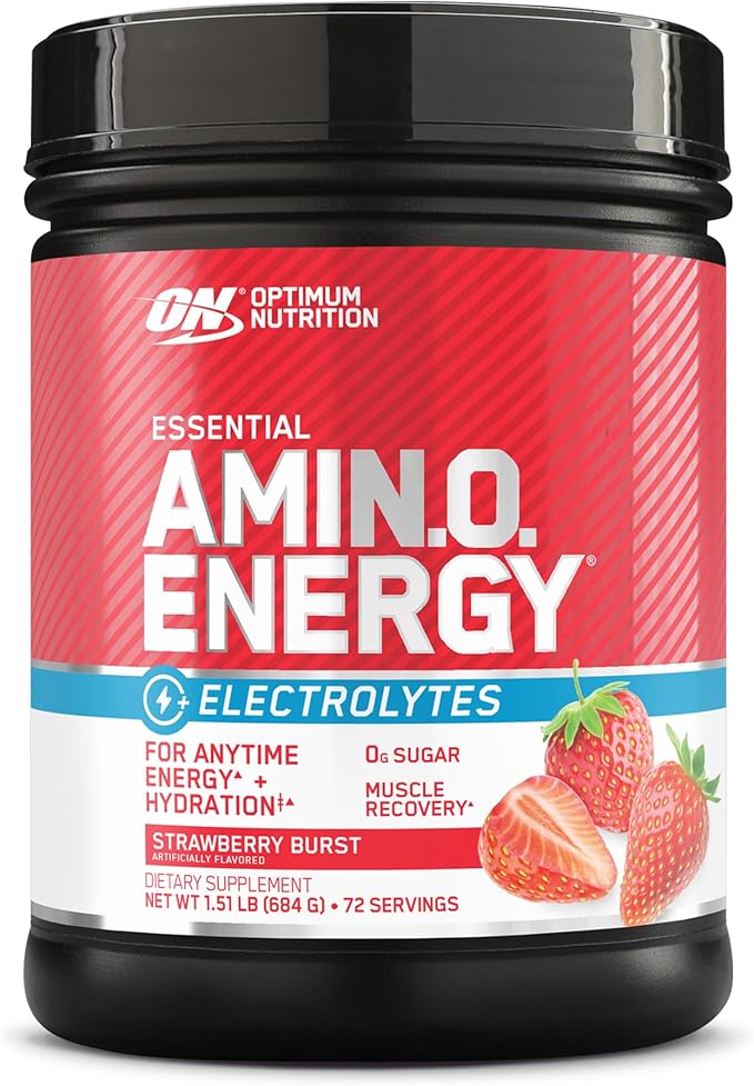 Optimum Nutrition Essential AMIN.O Energy & Electrolytes - Energy, Focus & Post-Workout Muscle Recovery - Strawberry Pre-Workout Electrolyte Powder Drink - Strawberry Burst, 1.51 lb (72 Servings)
