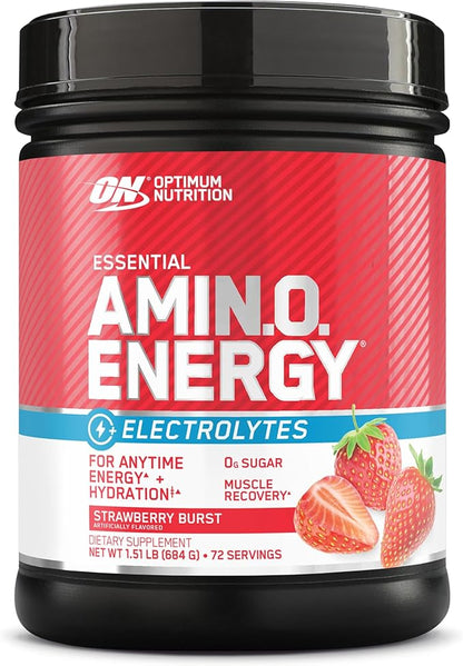 Optimum Nutrition Essential AMIN.O Energy & Electrolytes - Energy, Focus & Post-Workout Muscle Recovery - Strawberry Pre-Workout Electrolyte Powder Drink - Strawberry Burst, 1.51 lb (72 Servings)