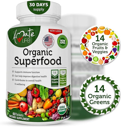 Organic Superfood Greens Fruits and Veggies Complex - Best Dietary Supplement with 14 Greens and 14 Fruits & Vegetables with Alfalfa Rich in Antioxidants Organic Ingredients Non-GMO 60 Tablets