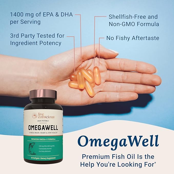 Live Conscious OmegaWell Fish Oil: Heart, Brain, and Joint Support | 800 mg EPA 600 mg DHA - Enteric-Coated, Sustainably Sourced - Easy to Swallow 120 Count (2-Pack)