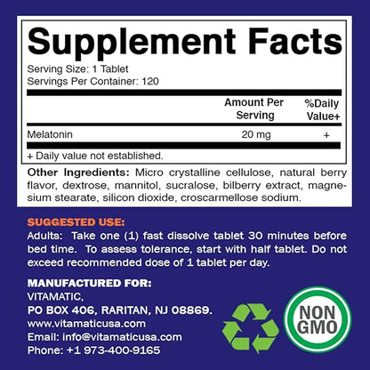 Vitamatic Melatonin 20mg Tablets | Vegetarian, Non-GMO, Gluten Free | HIGH Potency 20 MG | Natural Berry Flavor 120 Tablets