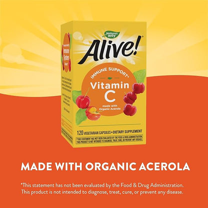 Nature's Way Alive! Vitamin C Supplement with Organic Acerola, Immune Support*, 120 Capsules