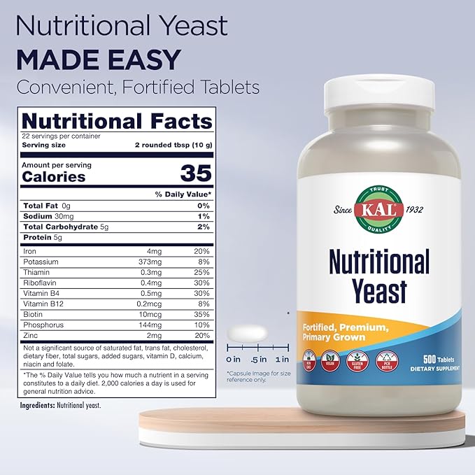 KAL Nutritional Yeast Supplement, Fortified w/ B12, Biotin, Folic Acid, Other B Vitamins, Naturally Occurring Amino Acids, Healthy Hair, Skin & Energy Support, Vegan, Gluten Free, 83 Serv, 500 Tablets