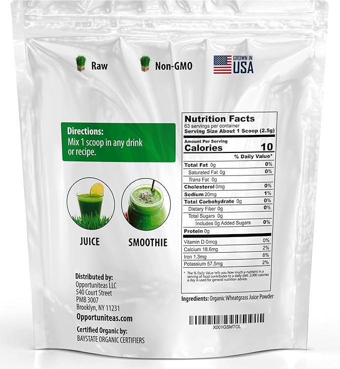 Opportuniteas Organic Raw Wheatgrass Juice Powder - Grown & Dried in USA - Premium Green Superfood Supplement - Vegan & Non-GMO - 4.5 oz