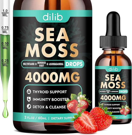 Irish Sea Moss Liquid Drops: Organic Sea Moss Supplement with Elderberry, Black Seed Oil, Turmeric, Quercetin - Detox Cleanse & Thyroid, Immune, Joint, Skin Support for Women & Men - Strawberry Flavor