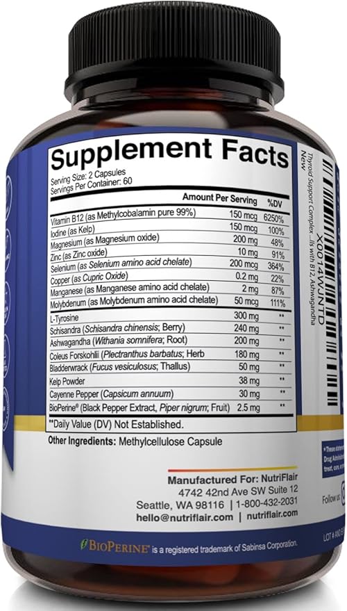 NutriFlair Thyroid Support Complex, 120 Capsules - with Iodine, Black Pepper, Ashwagandha, Vitamin B12 - Thyroid Supplement for Women and Men