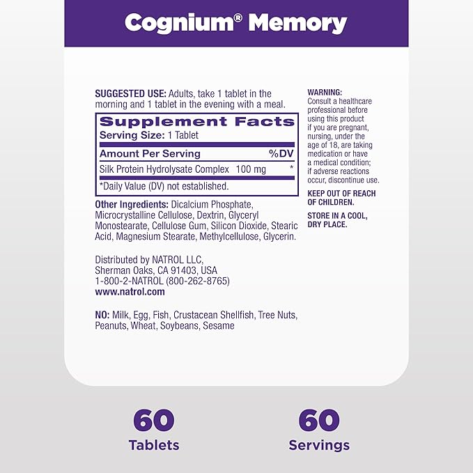 Natrol Cognium Memory, Brain Health Supplements for Adults, Dietary Supplement for Brain Health and Clinically Shown to Improve Memory and Recall in Healthy Adults, 60 Tablets, Up to a 30 Day Supply