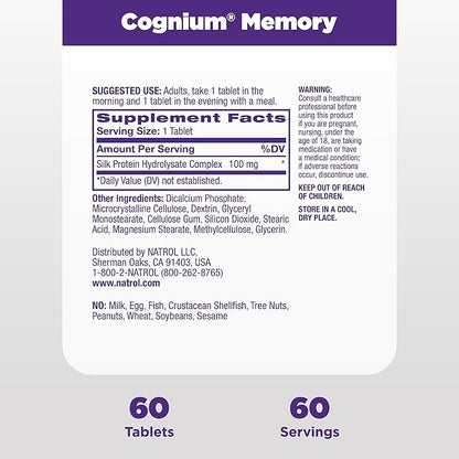 Natrol Cognium Memory, Brain Health Supplements for Adults, Dietary Supplement for Brain Health and Clinically Shown to Improve Memory and Recall in Healthy Adults, 60 Tablets, Up to a 30 Day Supply