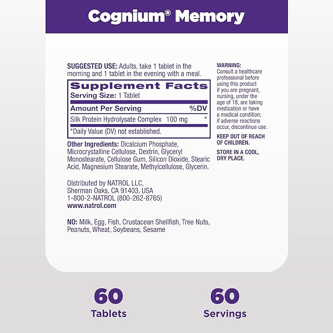 Natrol Cognium Memory, Brain Health Supplements for Adults, Dietary Supplement for Brain Health and Clinically Shown to Improve Memory and Recall in Healthy Adults, 60 Tablets, Up to a 30 Day Supply