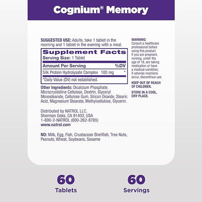 Natrol Cognium Memory, Brain Health Supplements for Adults, Dietary Supplement for Brain Health and Clinically Shown to Improve Memory and Recall in Healthy Adults, 60 Tablets, Up to a 30 Day Supply