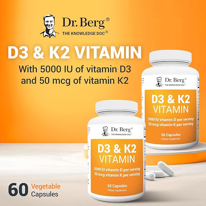 Dr. Berg D3 K2 Vitamin 5000 IU w/MCT Powder - Includes 50 mcg MK7 Vitamin K2, Purified Bile Salts, Zinc & Magnesium for Ultimate Absorption - K2 D3 Vitamin Supplement - 60 Capsules