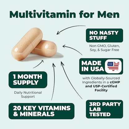Multivitamin for Men - Daily Mens Multivitamins & Multiminerals with Vitamin A, C, D, E, B12, Zinc & More Essential Vitamins for Men - Mens Vitamins for Energy, Focus, and Mens Health. 60 Capsules