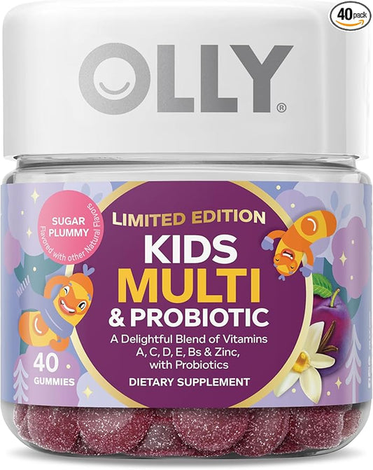 OLLY Kids Multivitamin & Probiotic, Limited Edition, Digestive Support, Vitamins A, D, C, E, B, Zinc, Chewable Supplement, Sugar Plummy, 40ct