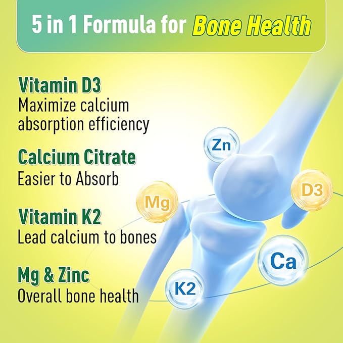 Calcium Citrate Gummies 1200 mg for Kids & Adults, Sugar Free, with Vitamin D3, K2, Magnesium, Zinc, Bone Support for Women & Elders, Natural Pineapple Flavor, 60 Gummies