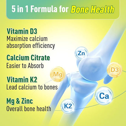 Calcium Citrate Gummies 1200 mg for Kids & Adults, Sugar Free, with Vitamin D3, K2, Magnesium, Zinc, Bone Support for Women & Elders, Natural Pineapple Flavor, 60 Gummies