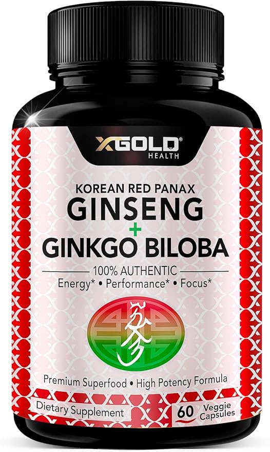 Korean Red Panax Ginseng 1200mg + Ginkgo Biloba - Extra Strength Root Extract Powder Supplement w/High Ginsenosides Vegan Capsules for Energy, Performance & Focus - Supplement for Men & Women