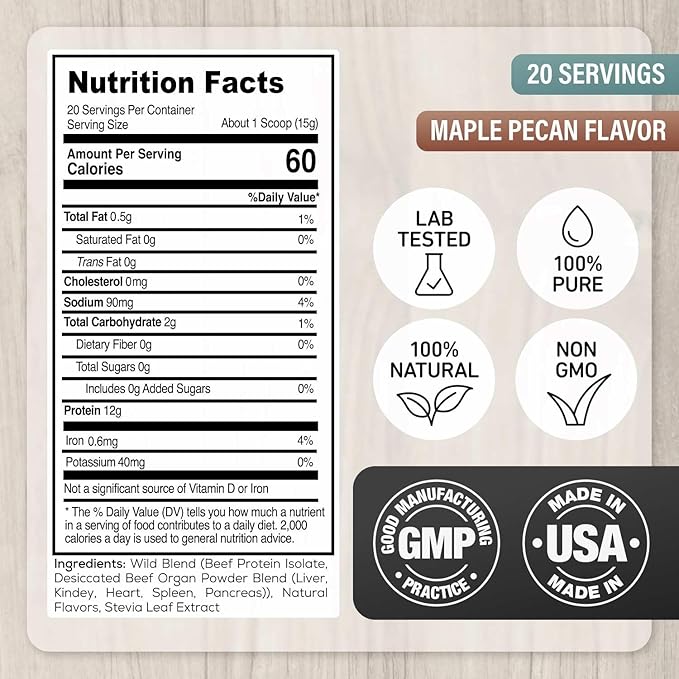 Wild Grass Fed Beef Protein Powder with Beef Organs Complex - Sugar Free Protein Shake - Low Carb & Calories - Keto/Paleo/Carnivore Friendly - Whey/Bloating/Lactose Free - Maple Pecan 10oz
