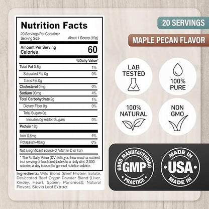 Wild Grass Fed Beef Protein Powder with Beef Organs Complex - Sugar Free Protein Shake - Low Carb & Calories - Keto/Paleo/Carnivore Friendly - Whey/Bloating/Lactose Free - Maple Pecan 10oz
