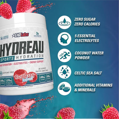 EHP Labs Hydreau Electrolytes Powder No Sugar - Hydration Powder for Endurance & Energy - Electrolyte Powder for Men & Women - Sugar Free Electrolytes - Raspberry Refresh (40 Serves)
