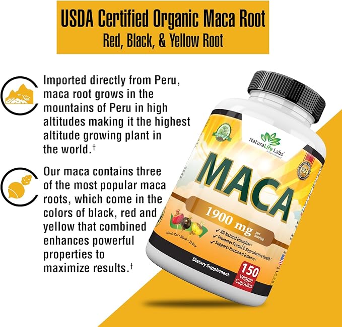 Organic Maca Root Black, Red, Yellow 1900 MG per Serving - 150 Vegan Capsules Peruvian Maca Root Gelatinized 100% Pure Non-GMO Supports Reproductive Health Natural Energizer