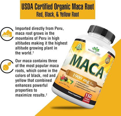 Organic Maca Root Black, Red, Yellow 1900 MG per Serving - 150 Vegan Capsules Peruvian Maca Root Gelatinized 100% Pure Non-GMO Supports Reproductive Health Natural Energizer