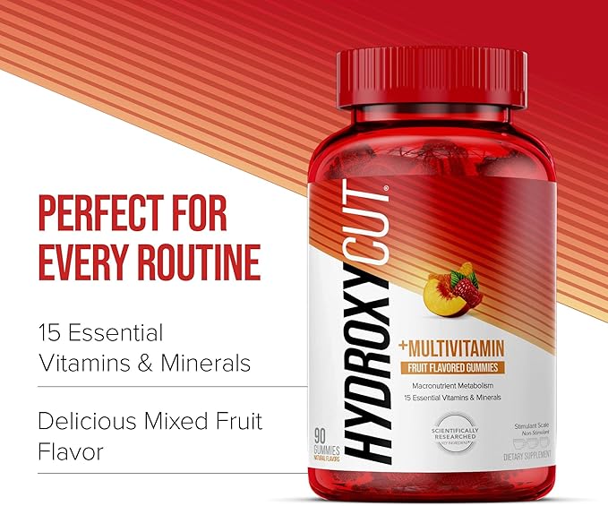 Hydroxycut Gummies - 99% Caffeine Free - Metabolize Carbs, Proteins & Fats - Includes 15 Essential Vitamins & Minerals - for Women & Men