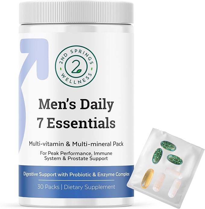 Daily 7 Essentials Men's Vitamin Pack - 7 Pack Adult Male Multivitamin & Multimineral Pack for Energy, Metabolism, Immune System Support, Prostate Support with Probiotic, Digestive Enzymes