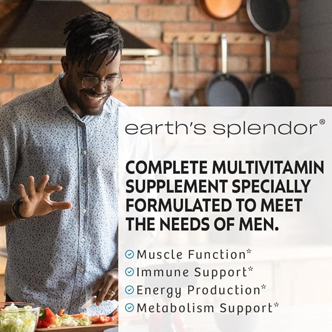 Earth's Splendor Men's Multivitamin, Overall Wellness Support for Men, Multimineral Supplements, Helps Support Metabolism, Vitamin B12, Vitamin A, C, D, E, K, B6 (120 Immune Support Tablets)
