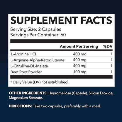 L-Arginine Capsules for Active Males - 120 Count, Non-GMO, 1200mg Blend of L Arginine and L Citrulline - Arginine Supplement for Enhanced Performance - L Arginine for Muscle Support