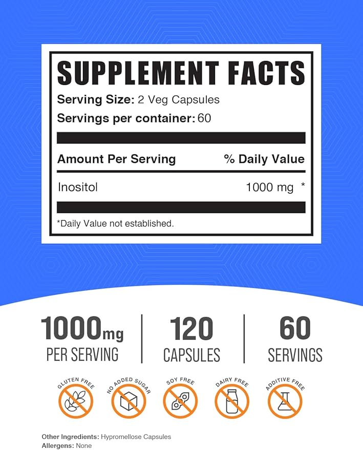 BulkSupplements.com Inositol Capsules - Inositol Supplement, Vitamin B8, Inositol 1000mg - for Overall Wellness, Gluten Free, 2 Capsules per Serving, 120 Capsules (Pack of 1)