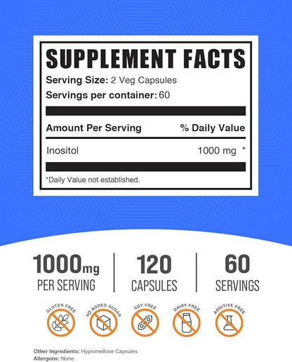 BulkSupplements.com Inositol Capsules - Inositol Supplement, Vitamin B8, Inositol 1000mg - for Overall Wellness, Gluten Free, 2 Capsules per Serving, 120 Capsules (Pack of 1)