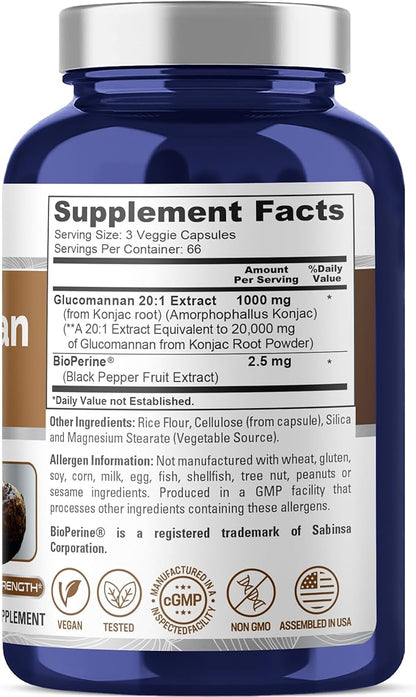 NusaPure Glucomannan 20,000 mg per Serving 200 VCaps (20:1 Extract, BioPerine Non-GMO, Vegan) Konjac Root