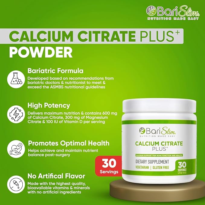 BariSlim Bariatric Calcium Citrate Plus Powder - Formulated for Patients After Weight Loss Surgery - Maximum Support for Bone Function and Health - Easy Digestion and Absorption | 600 mg (30 Servings)