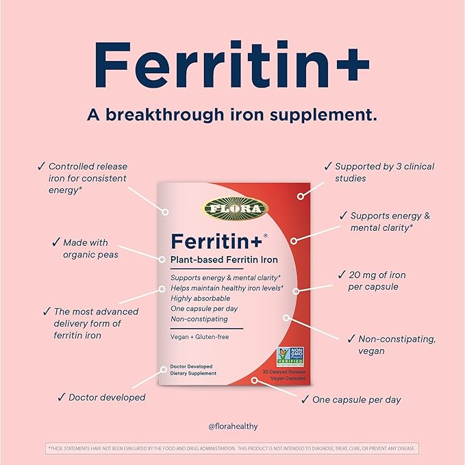 Flora- Iron Ferritin+ Plant-Based Supplement for Women - Non-Constipating, Highly Absorbable - Supports Vitality & Wellness - Vegan Iron Supplement from Flora Health - 30 Capsules - Delayed Release
