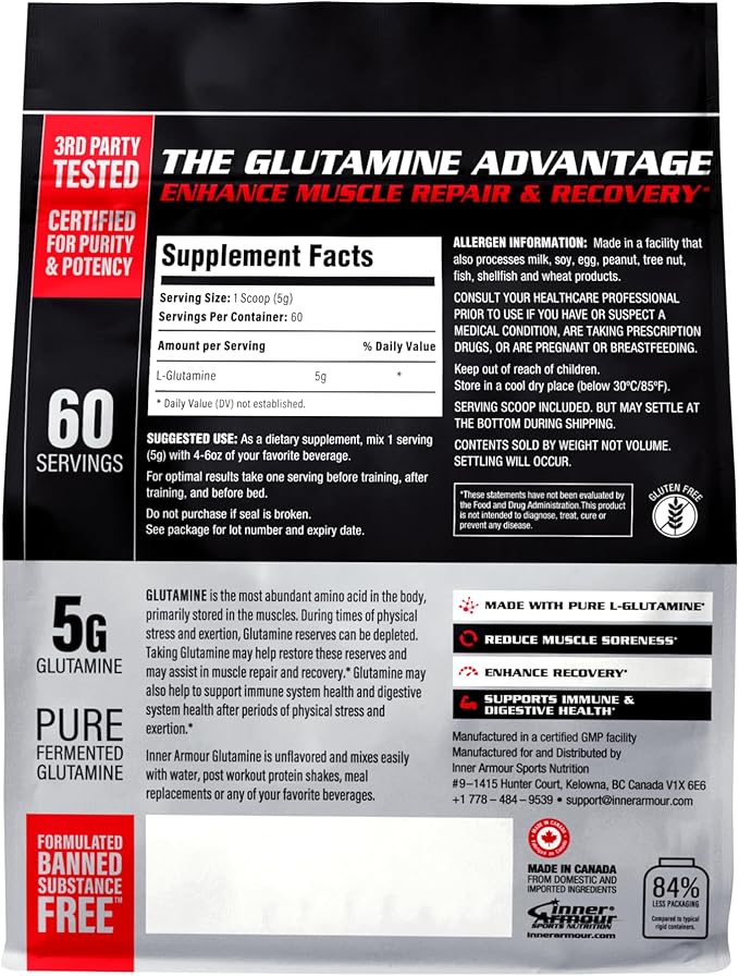 Pure Glutamine Powder – Post Workout Recovery – Muscle Growth – Immune System Function - Fast Dissolving, Flavor-Free, Vegan-Friendly Fitness Supplement - 300 gr or 60 Servings