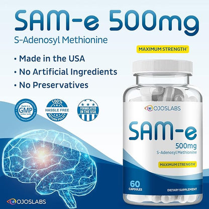 Sam-e 500mg Methionine supplement for Liver, Joint, Brain and Mood support, High Absorption Sam e supplement (S Adenosyl Methionine), Vegan, Gluten Free,Non-GMO, 60 Sam e Capsule, Made in USA