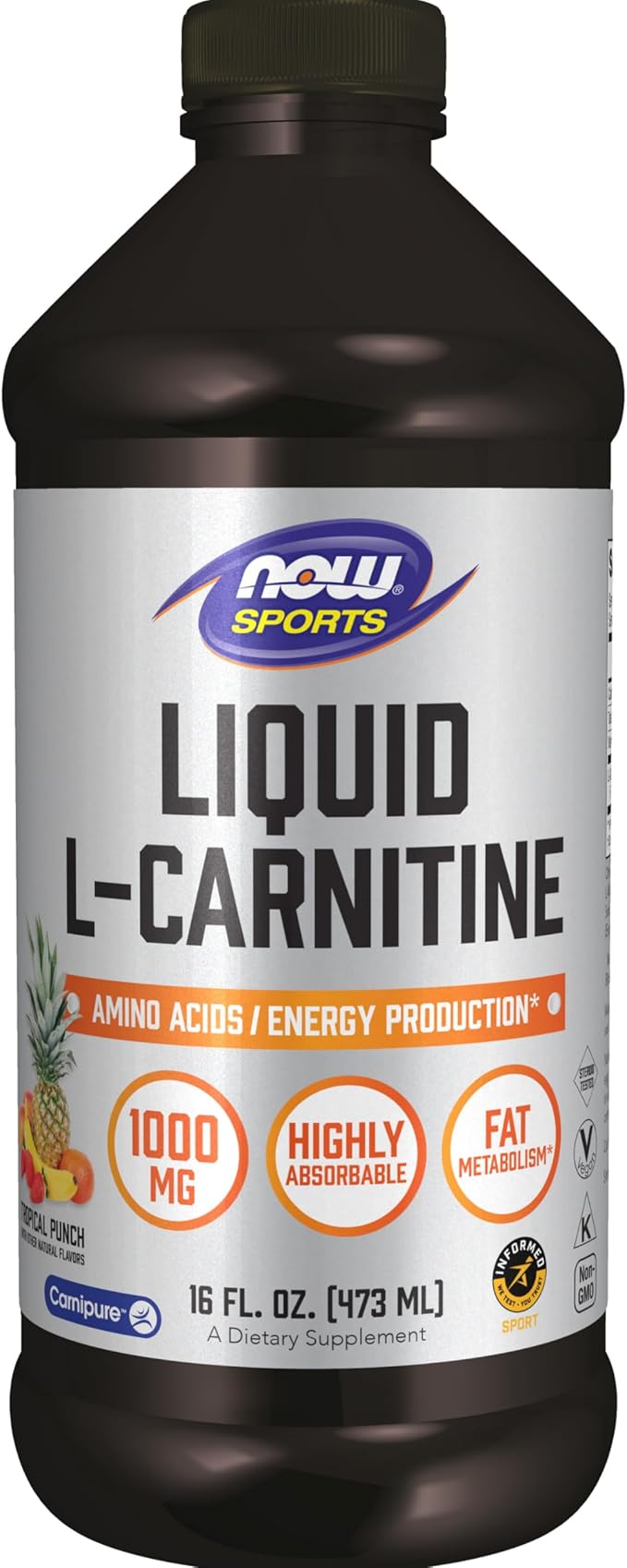 NOW Sports Nutrition, L-Carnitine Liquid 1,000 mg, Highly Absorbable, Tropical Punch, 16-Ounce