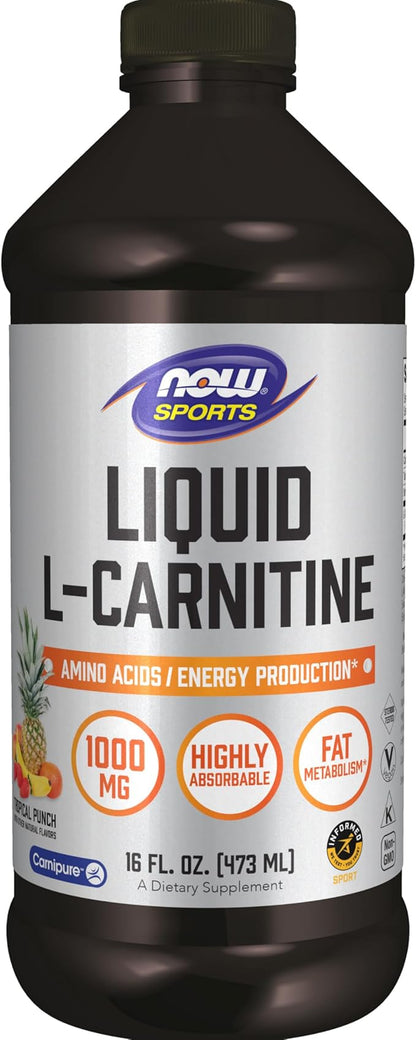 NOW Sports Nutrition, L-Carnitine Liquid 1,000 mg, Highly Absorbable, Tropical Punch, 16-Ounce