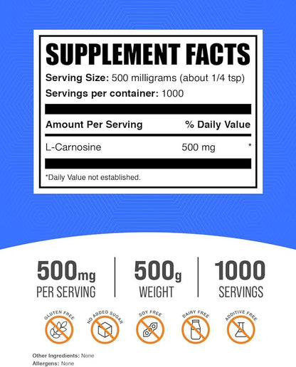 BulkSupplements.com L-Carnosine Powder - Carnosine Supplement, Carnosine 500mg - Amino Acid Supplement, Gluten Free, 500mg per Serving, 500g (1.1 lbs) (Pack of 1)