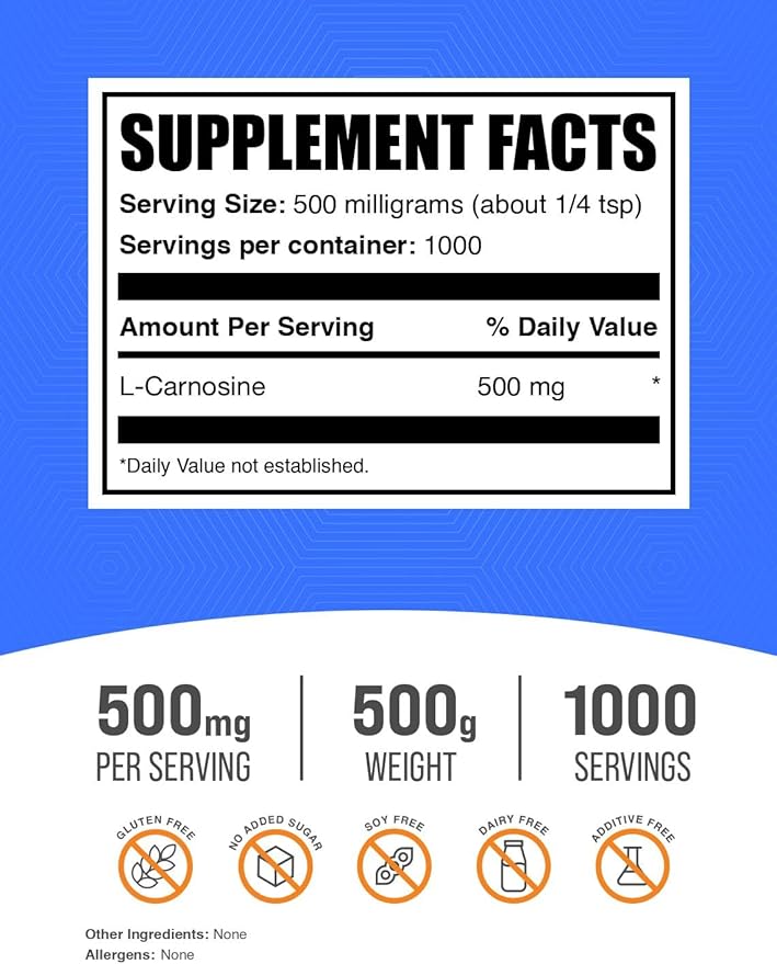 BulkSupplements.com L-Carnosine Powder - Carnosine Supplement, Carnosine 500mg - Amino Acid Supplement, Gluten Free, 500mg per Serving, 500g (1.1 lbs) (Pack of 1)