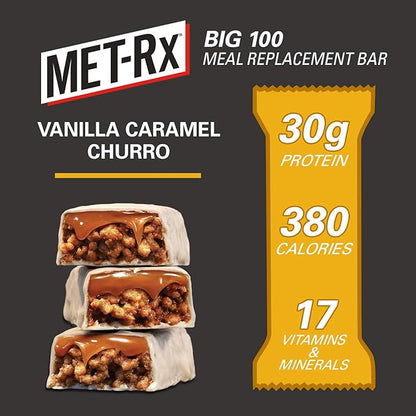 MET-Rx Big 100 Colossal Protein Bars, Vanilla Caramel Churro Meal Replacement Bars, Brown, 9 Count