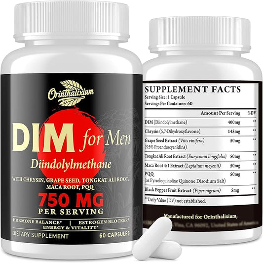 DIM Supplement for Men 750MG, Chrysin & Black Pepper Extract, 60 Capsules (1 Bottle)