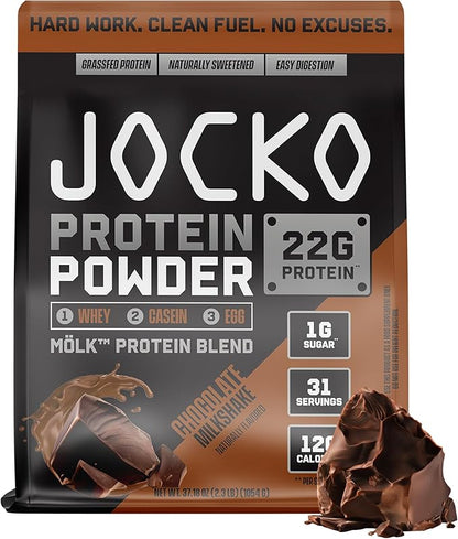 Jocko Mölk Whey Protein Powder 22g Protein - Sugar Free Monk Fruit Blend - Muscle Recovery & Growth, Packaging May Vary (31 Servings, Chocolate Milkshake)