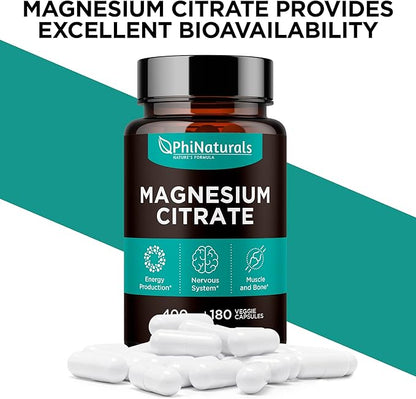 Magnesium Citrate Powder Capsules 400mg - 180 Count Veg Caps - PhiNaturals Supplements - Nervous System Support and Enzyme Function