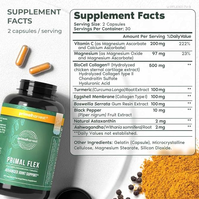 Primal Harvest, Primal Flex Joint Supplement with Collagen, Turmeric, Boswellia and Ashwagandha (60 Count) 1 Pack