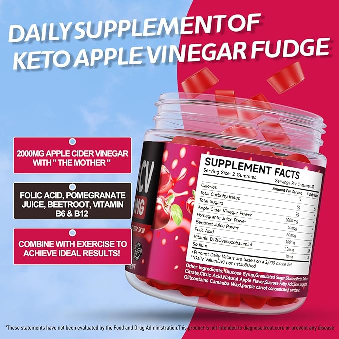 Keto ACV Gummies Advanced Formula 2000mg, 90 Vegan Gelatin-Free Advanced Keto Acv Gummies with Pomegranate & Beetroot, Natural Ingredients, Alternative to Keto Drops