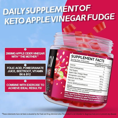 Keto ACV Gummies Advanced Formula 2000mg, 90 Vegan Gelatin-Free Advanced Keto Acv Gummies with Pomegranate & Beetroot, Natural Ingredients, Alternative to Keto Drops