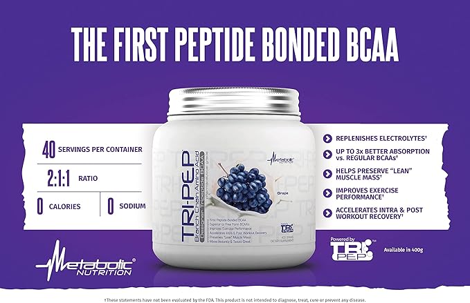 Metabolic Nutrition - TRIPEP - Tri-Peptide Branch Chain Amino Acid, BCAA Powder, Pre Intra Post Workout Supplement, Grape, 400 Grams (40 Servings)